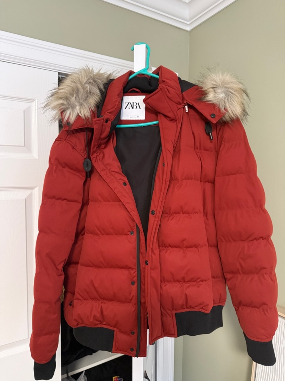 ZARA Red Quilted Puffer Jacket with Faux Fur Hood